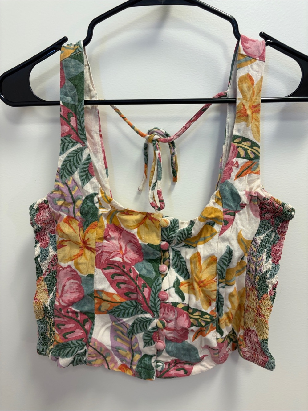 Roxy Floral Button-Front Crop Top — Pink, Yellow & Green